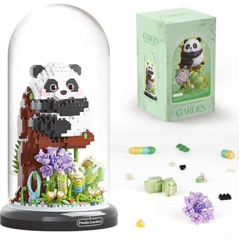 highdar Panda - Bouquet de fleurs - 1083 blocs de construction - Bricolage - Animaux - Fleurs - Avec socle et housse anti-poussière - Cadeaux pour adultes et adolescents