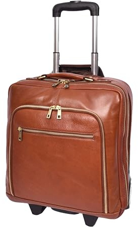 House of Luggage Genuine Leather Pilot Case with Wheels for Business Organiser Travel Cabin Bag HLG51 (Tan)
