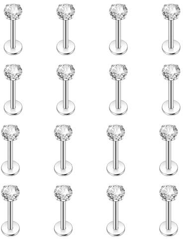 16Pcs Lip Studs Labret Piercing Jewellery 2/3/4/5mm Cubic Zirconia Earrings | 316L Surgical Steel, Comfortable Flat Back Labret Studs, For Lip Nose Earrings Tragus Helix, Unisex Piercing Jewelry
