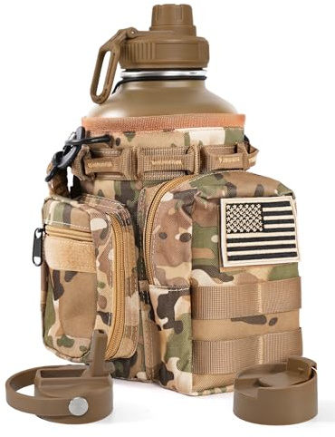 banloga Tactical Half Gallon Water Bottle with Straw, 64 Oz Insulated Water Jug with Molle Water Bottle Holder, Stainless Steel Sport Bottle with 3 BPA Free Lids for Gym Workout Hiking (Brown)