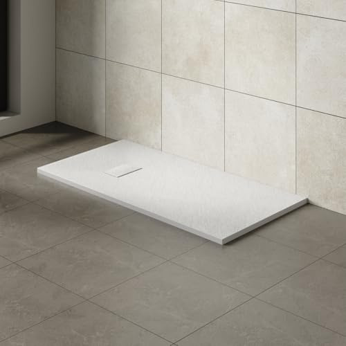 Aquariss SMC Slate Effect Rectangular 1400 x 700 mm Shower Base Tray White | Slimline Anti Slip Shower Tray, Bathroom Wet Room Shower Cubicle Base, for Walk In Shower Door, Durable
