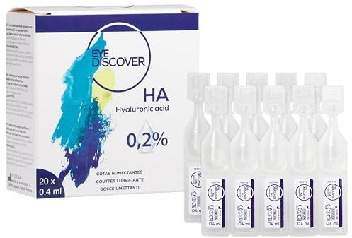 EYE DISCOVER – Gouttes Oculaires à l’Acide Hyaluronique 0,2 % – Unidoses pour Yeux Secs, Hydratation Intense, Sans Conservateurs – 20 Ampoules Stériles de 0,4 ml