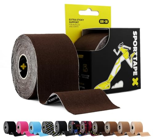 SPORTTAPE Cinta Kinesiológica 5cm x 5m – Marrón Oscuro – Vendaje Neuromuscular Elástico e Impermeable para Rodilla, Tobillo, Fascia Plantar y Músculos – Hipoalergénica y de Grado Deportivo
