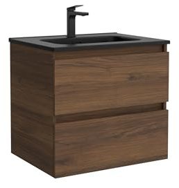 Mueble de Baño BEQUIA 60cm Nogal | Lavabo Negro Porcelana Centrado