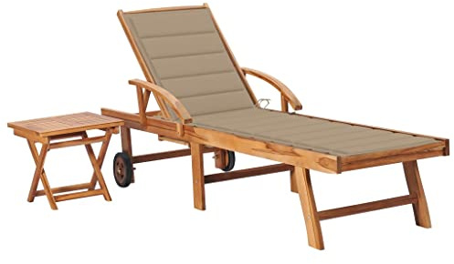 Frdhee Muebles de terraza exterior, tumbona con mesa y cojín de madera maciza de teca, tumbonas para balcón, terraza, camping