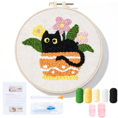 mongtsamz Broderikit för vuxna nybörjare, nålfritt broderi, förtryckta mönster, justerbar broderiram, tjock ull för luddig effekt, stresslindrande och som väggdekoration