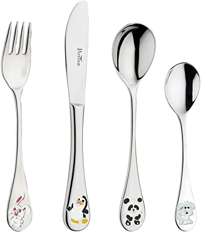 PINTINOX, Set 4 Posate Bambino in Acciaio Inox, Composto da forchetta, Coltello, Cucchiaio e cucchiaino