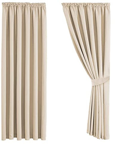 Aspire Homeware Blackout Curtains for Living Room Pencil Pleat Cream Bedroom Curtains 66x72 inch Drop - Super Soft Thermal Insulated Kitchen Curtain with Matching Tiebacks, 2 Panels