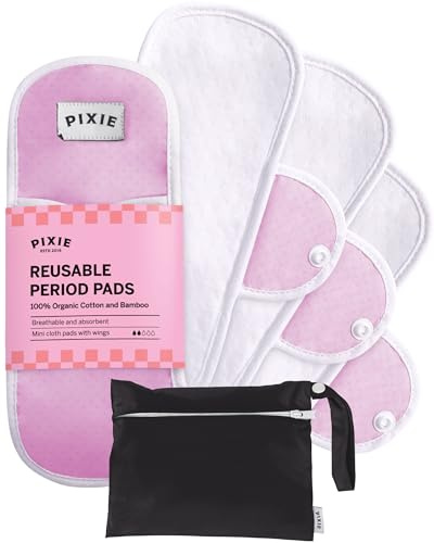 Pixie Cotton Cloth Pads - 100% Organic Reusable Cotton -Ranked 1 for Softest Menstrual Pads - Machine Washable & Includes Free Wet Bag - Menstrual Liner Pads - Sanitary Napkins (Set of 5 Smalls)