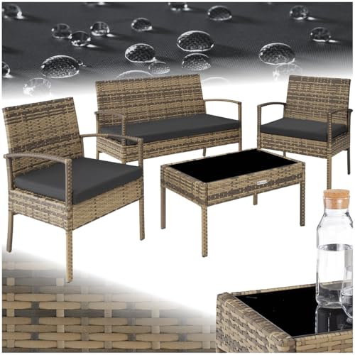 tectake® Set di Mobili in Rattan Sparta, Set Sedie, Panca, Tavolino Salotto con Lastra in Vetro, Comodi Cuscini Idrorepellenti, Ideale per Giardino, Terrazzo, Veranda - Naturale