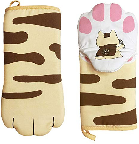 Ofenhandschuhe Hitzebestaendig Topfhandschuhe Kochhandschuhe Hitzebeständig Anti-Rutsch Lange Backhandschuhe Verbrühungsschutzhandschuhe Nette Karikaturkatzenpfote für Kochen Backen 2 Stücke (B)