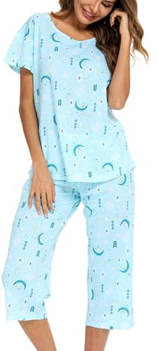 ENJOYNIGHT Pigiama da Donna Corto Set di Biancheria da Notte in Cotone Top a Maniche Corte e Pantaloni Lunghi 3/4 Casacca da Notte Estiva, 3XL