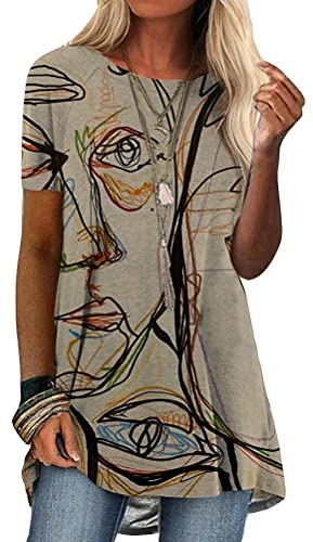 ORANDESIGNE T-Shirt Long à Manche Courte pour Femme Col Rond Blouse Eté Ample Casual Tops Imprimé Colorées Mode Lâche Haut
