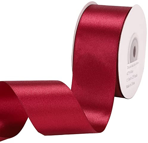 IHKFILAN Double Faced Satin Ribbon 2 Inch x 25 Yards Double Sided Solid Polyester Ribbon for Gift Wrapping Party Hair Braids Bow Baby Shower Decoration Floral Arrangement Craft Supplies (Wine, 38mm)