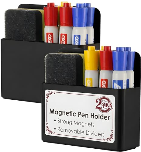 2 Pack Magnetic Pen Holder for Refrigerator & Whiteboard, Full-Back Magnet Dry Erase Marker Holder with Adjustable Divider, Magnetic Marker Holder for White Board Office Desk Locker Accessories, Black