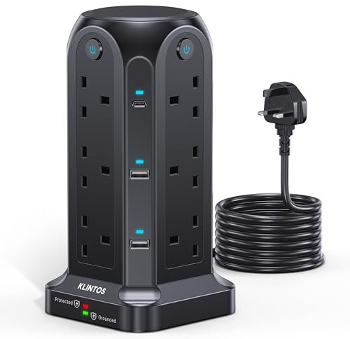 Tower Extension Lead 2M, 12 Way Extension Tower with 6 USB Slots (2 Type C & 4 USB A), [13A 3250W]Surge Protection Extension Lead with 4 Independent Switches, Multi Plug Extension for Home, Office