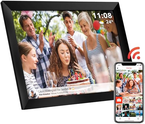 Atlantis Cornice Digitale WiFi 10 Pollici, Touch Screen, condividi foto e video via APP, portafoto digitale, rotazione automatica, orologio e meteo, Memoria 1GB RAM + 16GB per foto, Slot Micro SD.