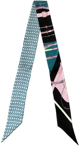 JERLA 100% Mulberry silk Scarf Bag scarf Head Hair Ribbon Handbag Handle wrap Tie Bundle Scarf Neckerchief Scarf for women, Black and Green Chain, 47.24x2.17