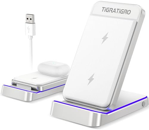 tigratigro Cargador Inalámbrico Plegable 15W con Carga Rápida Qi Certificado - Compatible con iPhone 15/14/13/12/11 Pro MAX, Samsung Galaxy - Plateado