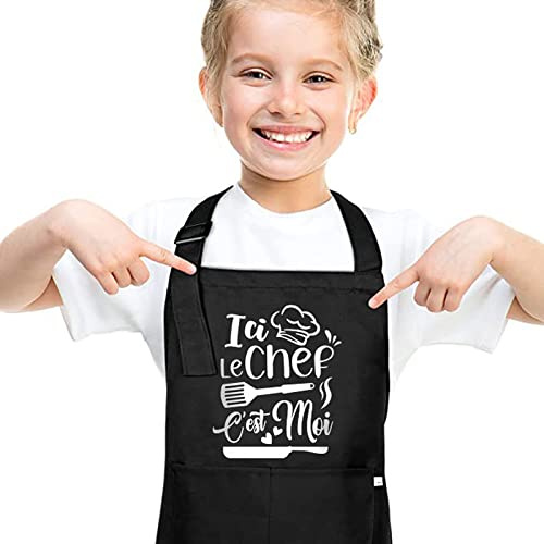 Halinuia Grembiule da cucina per bambini, Ici,Le Chef,C'est Me Grembiule per bambini personalizzato con 2 tasche, grembiule per bambini con vernice impermeabile per ragazzi o ragazze, grembiule