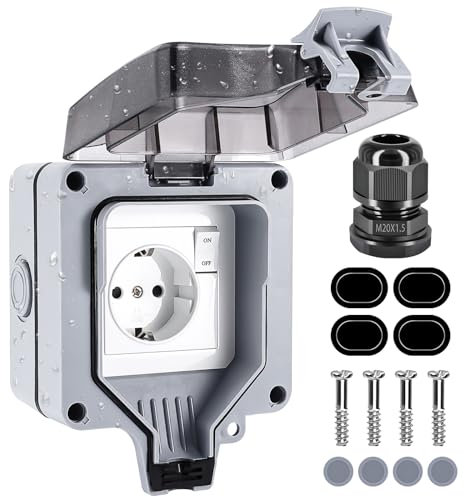Presa da Esterno Impermeabile IP66, Presa a Muro da Esterno con Interruttore e Indicatore Luminoso, Presa a Muro da Giardino, Presa Elettrica da Esterno Resistente alle Intemperie per Bagni,Giardini
