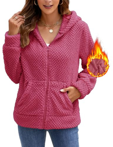 Yeenily Sudaderas Forro Polar Mujer Invierno Cálido Chaqueta con Capucha Informal Cremallera Peluche Abrigo Otoño Fleece Pullover Cazadora con Bolsillos (Rosa Rojizo, S)