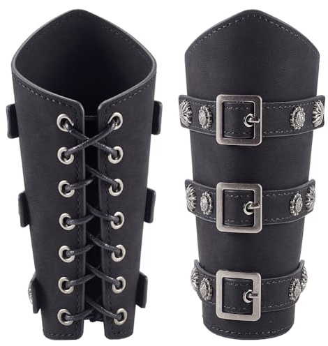 GORGECRAFT 2pz Halloween Fibbie Nere Polsini Bracciali PU Cordino in Pelle Protezioni per Braccia Mercenario Finto Cuoio Larp Guanto Vintage Rinascimentale Cavaliere Polsini Armatura Costume Cosplay