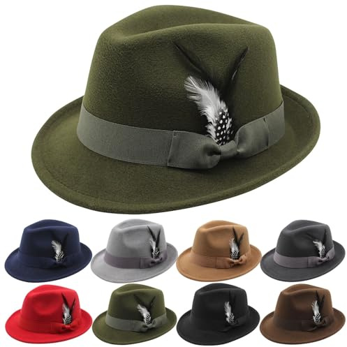 Fedora Hats for Men & Women Classic Vintage Style Short Brim Felt Hat Panama Trilby Hats with Feather Bands Army Green