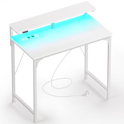Rolanstar Schreibtisch mit LED, Steckdosen, Computertisch mit Monitorablage, Eckschreibtisch für Schlafzimmer Arbeitszimmer Büro, perfekt für Studenten Kinder Erwachsene, Weiß, 80 cm