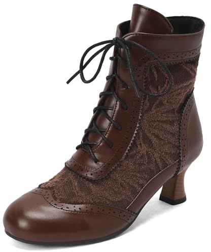 Botines de Encaje victorianos para Mujer, cómodos Botines de tacón de Gatito para Boda, Fiesta, Botas Retro de tacón Medio de Bruja,Marrón,40 EU