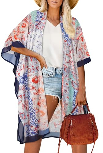 florynova Kimono for Women Summer Cardigans Open Front Swimsuit Cover Up Hawaiian Beach Shirts(Cream Navy Blue,2XL)