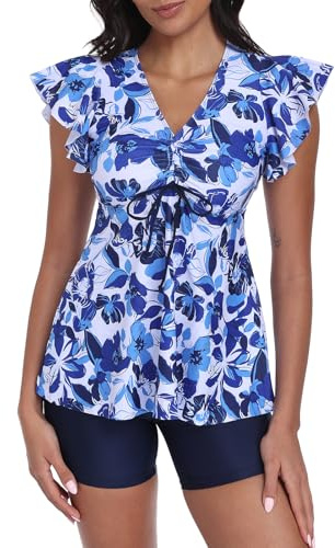 ECUPPER Womens Tankini Swim Dress with Sleeves Modest Two Piece Swimsuits Tummy Control Bathing Suit Floral Printed Swim Tops and Shorts