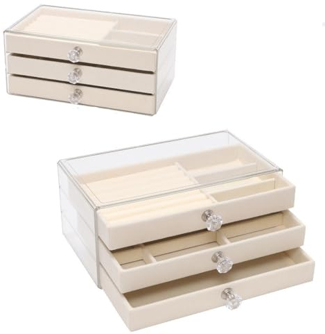 Caja organizadora de acrílico para joyas, caja transparente de 3 capas cajones de terciopelo para joyas, rejilla para mujeres y niñas para guardar pendientes, anillos, collares y pulseras Beige