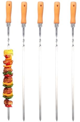ZMC 5 pinchos para barbacoa de 55 cm de acero inoxidable con mango de madera, brochetas de kebab, brochetas de shish kebab y pinchos de carne, pinchos largos y inoxidables para barbacoa, bandeja de