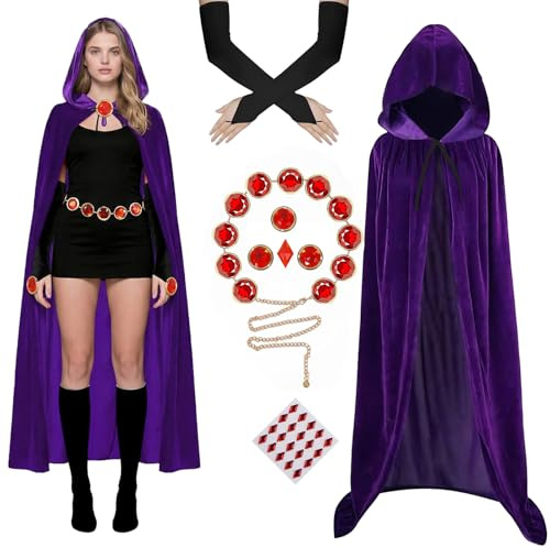 nezababy Costume de corbeau Titans en velours Cape violette avec ceinture rouge et gants pour Halloween, carnaval, Anime Cosplay (taille L (170 cm)