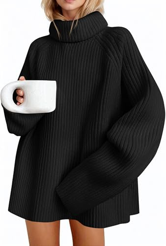 Saodimallsu - Maglione da donna oversize a maniche lunghe, dolcevita in maglia fine tinta unita, maglione casual elegante e basic, Nero , M