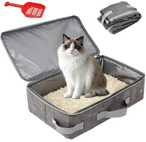 VGECEE Reise Katzentoilette Faltbare Katzenklo mit Deckel Katzentoilette Tragbar mit Sieb Und Reißverschluss Cat Litter Box für Unterwegs Mobiles Katzenklo Reisetoilette Katze für Auto Reisen Camping