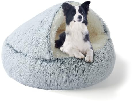 YAGE Large Dog Bed 80CM, Hood with supports—Fluffy Calming Pet Bed Suitable for pets under 20kg with Machine washable, Luxury Super Soft Pet Cave Bed Washable