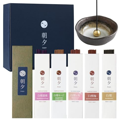 Asayu Japan Set d'Incenso Naturale, Giftset con Portaincenso, Fragranze Sandalo (Mix Rosa, Salvia Bianca, Sakura e Prugna) Assortimento di Bastoncini di Incensi Realizatti in Giappone