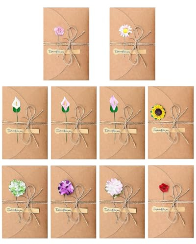 JUKOTA 10 PCS Tarjeta de Felicitación 10.5 * 7 cm, Postales Vintage con Flores Secas Decoradas Postales, Tarjeta Kraft Felicitacion Cumpleaños Bebe Regalo Sobres Navidad Boda