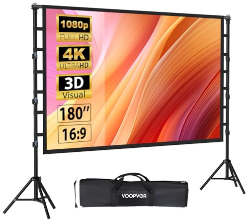 VOOPVOR Écran de projection portable HD 180 avec trépied 16:9 4K HD Écran de projection pour intérieur/extérieur avec sac de transport et support réglable en hauteur pour home cinéma et camping-car
