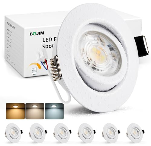 BOJIM LED infälld spotlight 230 V dimbar för badrum, LED-spotlights 68 mm – 80 mm hålstorlek, infällda lampor platta 7 W, IP44 vattentät, varmvit kall vit, neutral vit, takspots för kök vardagsrum