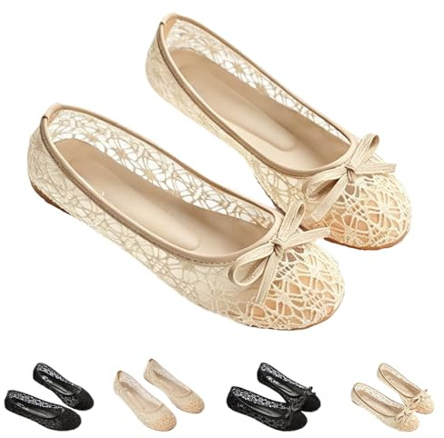 Ballerine eleganti da donna in pizzo con papillon, punta rotonda senza lacci in pizzo ricamato, ballerine in rete all'uncinetto, comode scarpe da sposa traspiranti per sposa, Fiocco Beige, 37.5 EU