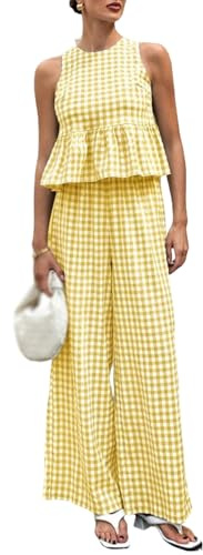 2-delat set för kvinnor: Gingham-rutigt mode, linne och byxor med breda ben. Set med viloläge, perfekt för sommar och strandsemester., gul, S