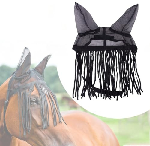 NiuLumea Horse Fly Cover with Tassels, Breathable Polyester Equestrian Fringe Mask for Eye for Protection, Adjustable for Riding and Stable Use, Black