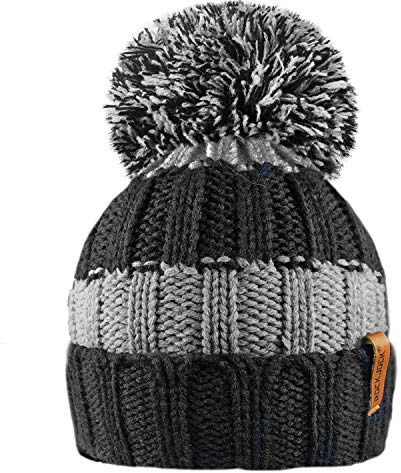 RockJock R80 Kids Girls Boys Ribbed Striped Thermal Insulating Bobble Hat with Cosy Fleece Lining Black/Grey