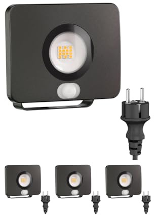 ledscom.de 4x LED-trädgårdsstrålkastare WEGA för utomhusbruk, IP44, rörelsedetektor, stickkontakt, svart, 11,4 W, 944 lm, varmvitt