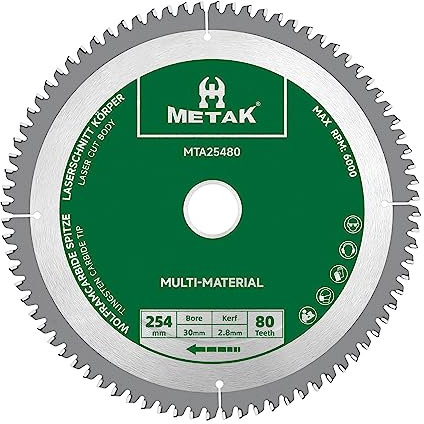 METAK HM - Hoja de sierra circular (254 x 30 mm, 80 dientes, para aluminio, multimaterial, 254 x 30 mm, ideal para madera, laminado, MDF, plástico y cobre, compatible con Metabo, Bosch y muchas otras