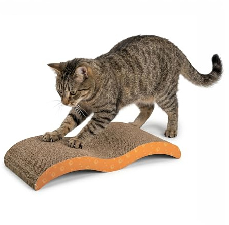 AQPET Banana Tiragraffi in Cartone Wave per Gatti Adulti, Grandi e Piccoli, Tappetino con Graffiatoio in Cartone e Busta di Erba Gatta Pronta, Accessori e Giochi per gli Animali da Casa, Arancione