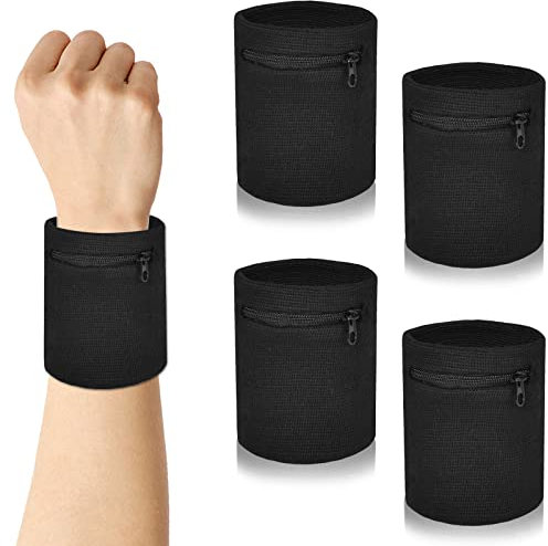 Zimoer 4 Stück Schweißband mit Reißverschlusstasche, Handgelenktasche Wristband, Sport Schweißband Wrist Wallet mit Reißverschlusstasche, Handgelenkbeutel Sportarmband für Sport Laufen (Schwarz)